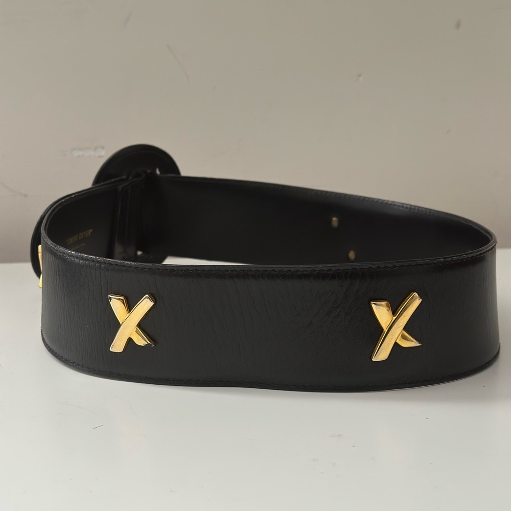 Vintage Paloma Picasso Black Leather Wide Waist Belt Gold Tone X Hardware Size S - Picture 11 of 11
